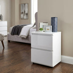 Norsk 2 Drawer Bedside Table - White High Gloss Modern Nightstand