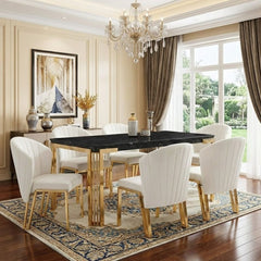 Sorrento 180cm Black Marble Gold Leg Dining Table & 6 Fabio Beige Chairs