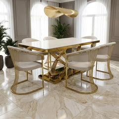 Elina 180cm Cream & Gold Marble Dining Table & 6 Porado Chairs Set