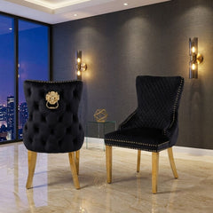 Set of 2 Victoria Black Velvet & Gold Dining Chairs with Lion Ring Knocker – Home Luxe Interior