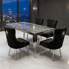 Sofia 1.5m Grey Marble Dining Table & 4 Victoria Black Silver Chairs