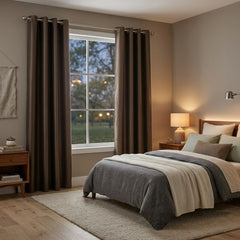 Brown Faux Silk Fully Lined Eyelet Curtains - 1 Pair,