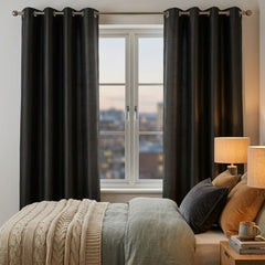 Black Faux Silk Fully Lined Eyelet Curtains - 1 Pair,