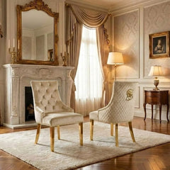 Set of 2 Minister Beige Velvet Dining Chairs with Gold Lion Knocker