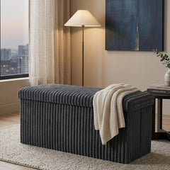 Gaveno Cavailia Charcoal Ribbed Storage Bench - Foldable 2 Seater Box
