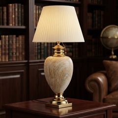 XL Cream & Gold Marble Table Lamp with Pleated Shade 104cm Tall