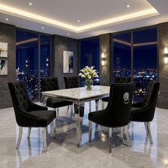 Sofia 1.8m Grey Marble Dining Table & 6 Black Minister Lion Chairs