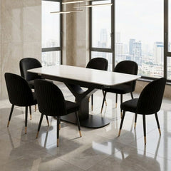 Sapphire 140-180cm Extending White Quartz Table & 6 Black Liza Chairs