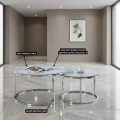 Aria Grey Marble & Silver Nesting Coffee Tables - Set of 2, 80cm