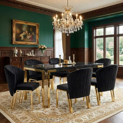 Sorrento 180cm Black Marble Gold Leg Dining Table & 6 Fabio Black Chairs