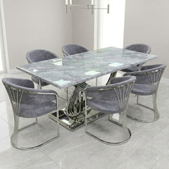 Elina 180cm Grey & Chrome Marble Dining Table & 6 Porado Chairs Set