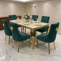 Sofia 1.6m Cream Gold Dining Table & 6 Green Lion Back Velvet Chairs