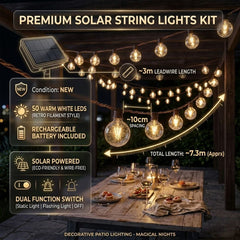 Solar Powered Warm White Bulb String Lights - 50 LED Garden Lighting