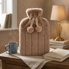 Biscuit 2L Faux Fur Hot Water Bottle - Luxury Plush Pom Pom Winter Gift