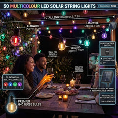 Solar Powered Multicolour Bulb String Lights - 50 LED Garden Lights