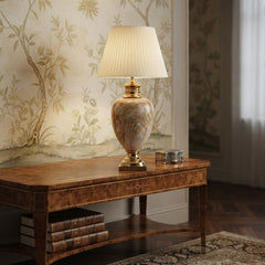 Large Cream & Gold Marble Table Lamp with Pleated Shade 79cm Tall