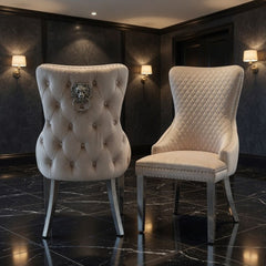 Set of 2 Victoria Mink Shimmer Dining Chairs with Lion Knocker Silver