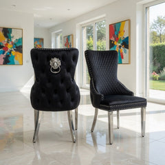 Set of 2 Black Victoria Dining Chairs with Lion Knocker Silver Legs