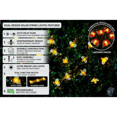 Solar Powered 30 Bee Insect String Lights - White LED Garden Decor