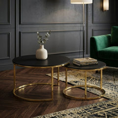 Aria Black Marble & Gold Nesting Coffee Tables - Set of 2 Round, 80cm