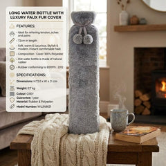 72cm Long Hot Water Bottle with Luxury Grey Faux Fur Cover & Pom Poms