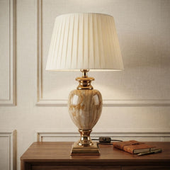 Medium Cream & Gold Marble Table Lamp with Pleated Shade 61cm Tall