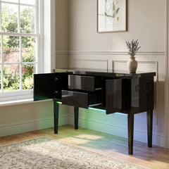 Aura High Gloss Black Sideboard with LED Light, USB & Bluetooth 120cm