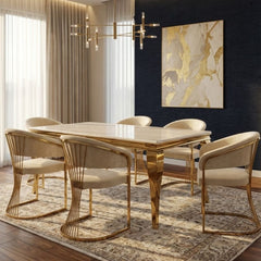 160cm Cream Marble & Gold Dining Table with 6 Porado Cream Chairs