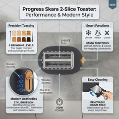 Progress Skara 2-Slice Toaster - 750W with 6 Browning Levels, Black