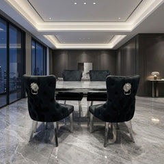 Sofia 1.2m Grey Marble Table & 4 Victoria Black Lion Silver Chairs