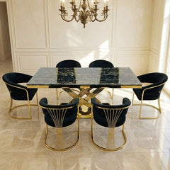 Elina 180cm Black & Gold Marble Dining Table & 6 Porado Chairs Set