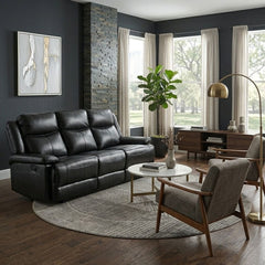 Casper Black Leather 3 Seater Manual Recliner Sofa Cup Holders