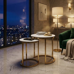 Aiza White Marble Effect Nest of 2 Side Tables - Luxury Gold Frame