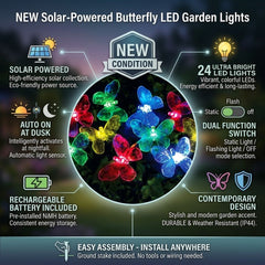 Solar Powered 24 LED Butterfly String Lights - Multicolour Garden