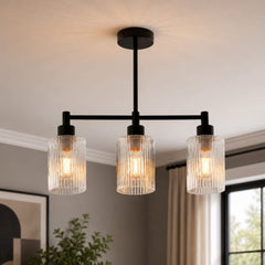 Ribbed Glass 3-Pendant Ceiling Light - Modern Black & Glass Fixture