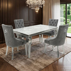 Sofia 1.5m Grey Marble Dining Table & 4 Minister Grey Lion Chairs