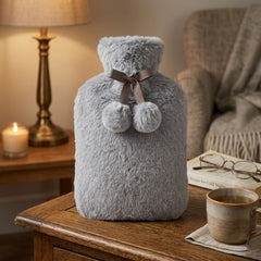 Taupe Tipped Faux Fur 2L Hot Water Bottle - Luxury Pom Pom Winter Gift