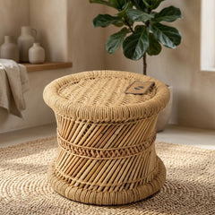 About Home Handcrafted Bamboo Footstool - Round Natural Rattan Pouffe