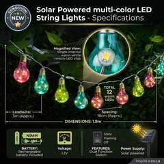 Solar Powered 12 Coloured Bulb String Lights - Warm White LED Garden