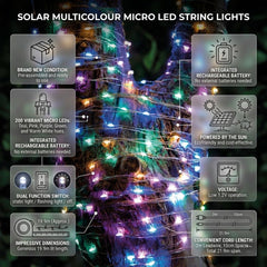 Solar Powered 200 Multicolour Micro LED Lights - 19.9m Garden String