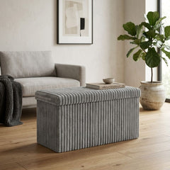 Grey Ribbed Fabric Storage Bench - Foldable Ottoman Ottoman Box 76cm