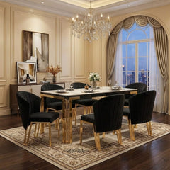 Sorrento 180cm White Marble Gold Leg Dining Table & 6 Fabio Black Chairs