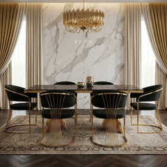 160cm Black Marble & Gold Dining Table with 6 Porado Black Chairs