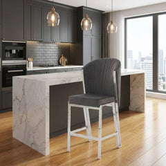Fabio Grey Velvet Barstool with Silver Frame | Luxury Breakfast Stool