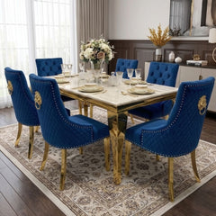1.2 Sofia Cream Gold Marble Dining Table & 4 Blue Velvet Lion Chairs