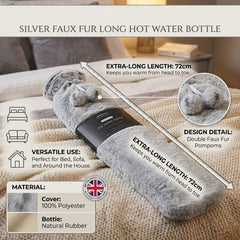 72cm Long Hot Water Bottle with Two-Tone Silver Faux Fur & Pom Poms