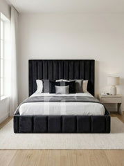Modern Velvet Vertical Channel Bed with Square Block Footboard