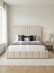 Modern Velvet Vertical Channel Bed with Square Block Footboard
