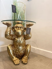 49Cm Gold Chimpanzee With Glass Top Side Table