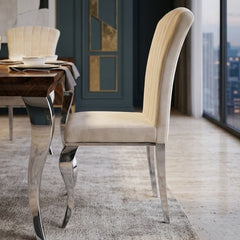 Armenia Cream Velvet Dining Chairs - Set of 2 with Polished Silver Legs